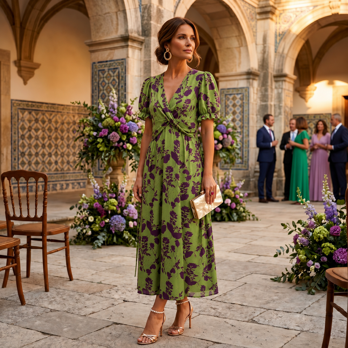 Esperanza | Vestido Elegante de Invitada Estampado Floral Mujer Manga Abullonada