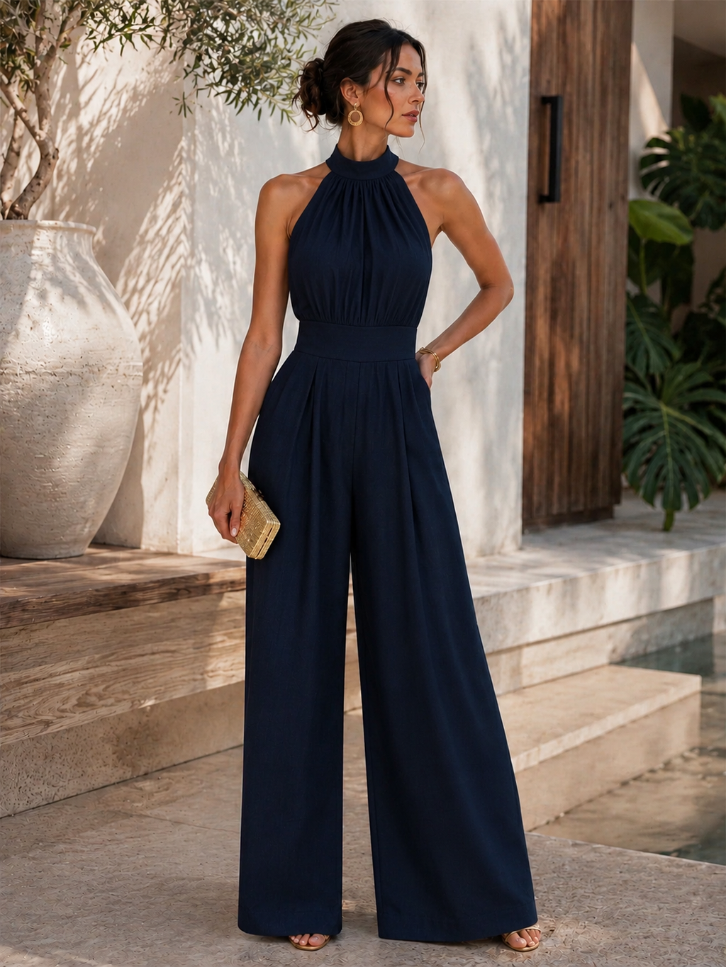 Montserrat | Conjunto Palazzo de Lino y Blusa Halter Mujer Estampado