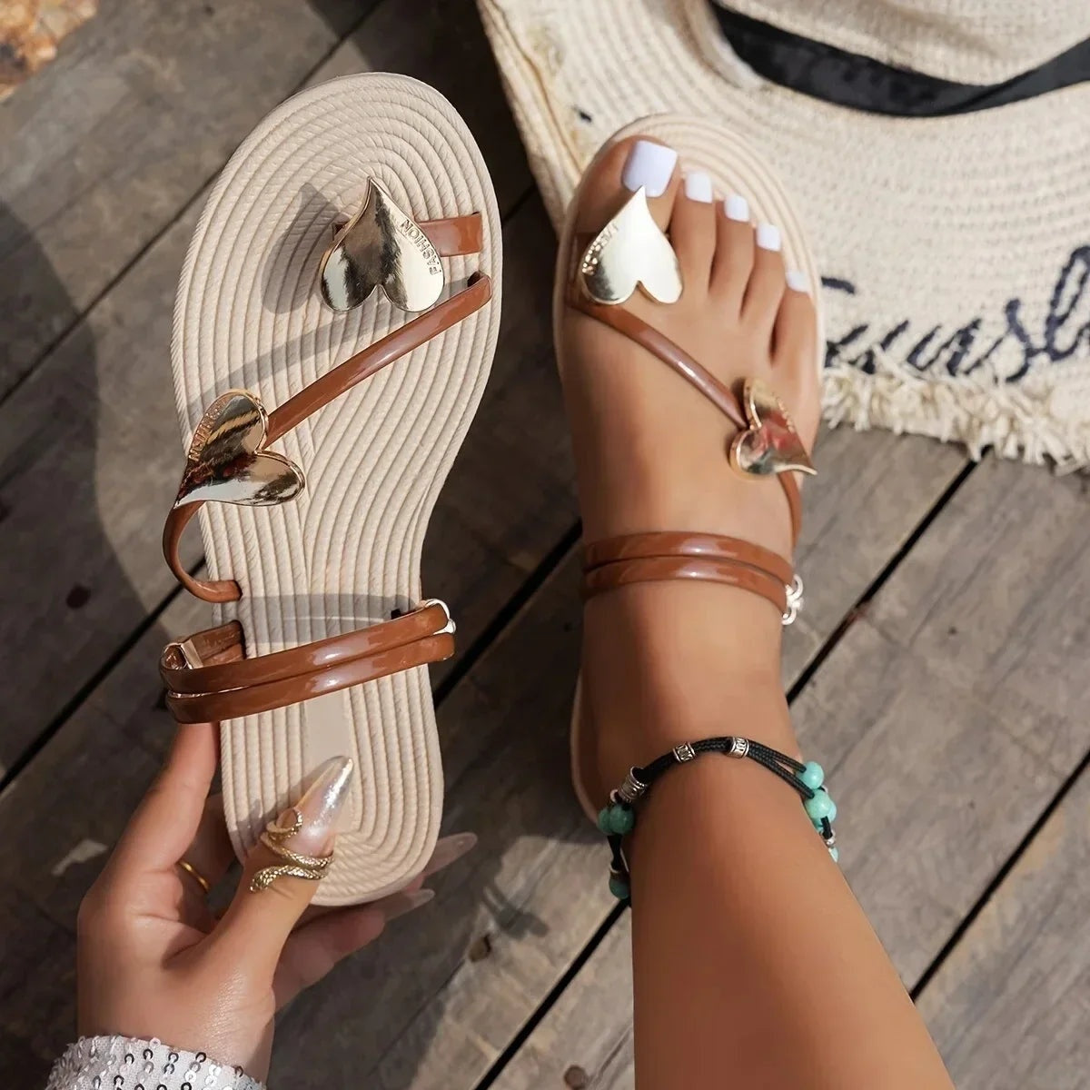 April | Flat Flip Flops with Heart Detail and Ankle Strap for Women