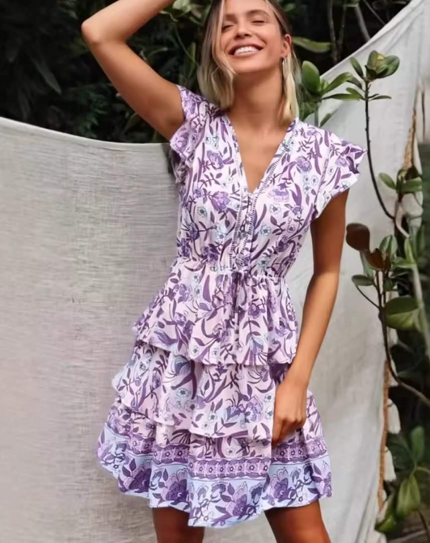 Abril | Vestido Corto de Verano con Volantes Mujer Escote V Estampado Floral