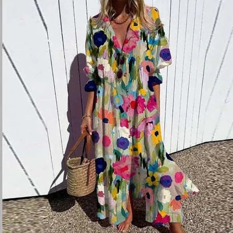 Aitana | Vestido Largo de Verano Estampado Floral Mujer Escote V