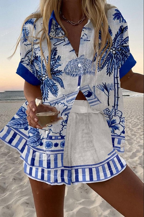 Alicia | Conjunto Camisa y Short Estampado Mujer Manga Corta Verano Playa