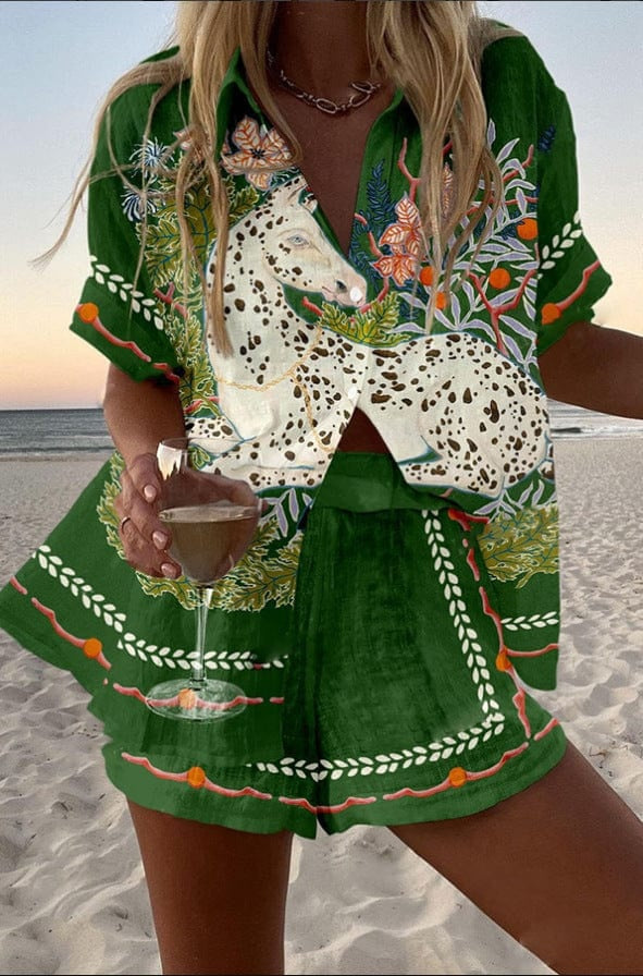 Alicia | Conjunto Camisa y Short Estampado Mujer Manga Corta Verano Playa