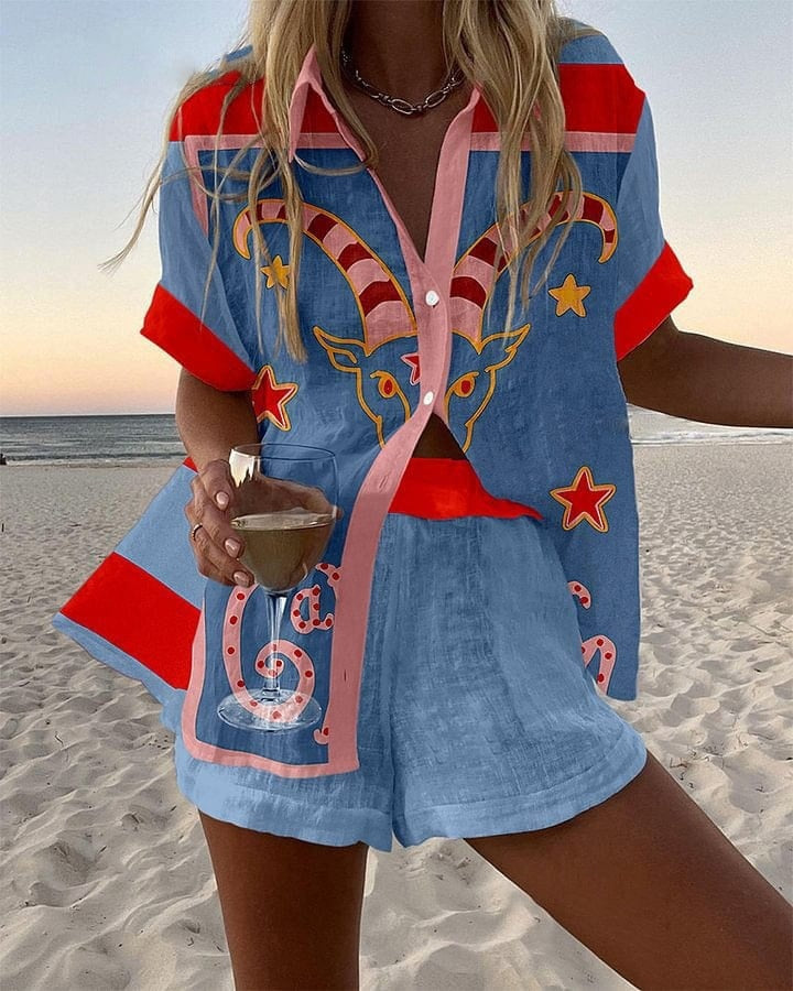 Alicia | Conjunto Camisa y Short Estampado Mujer Manga Corta Verano Playa