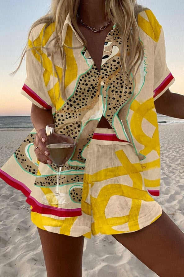 Alicia | Conjunto Camisa y Short Estampado Mujer Manga Corta Verano Playa