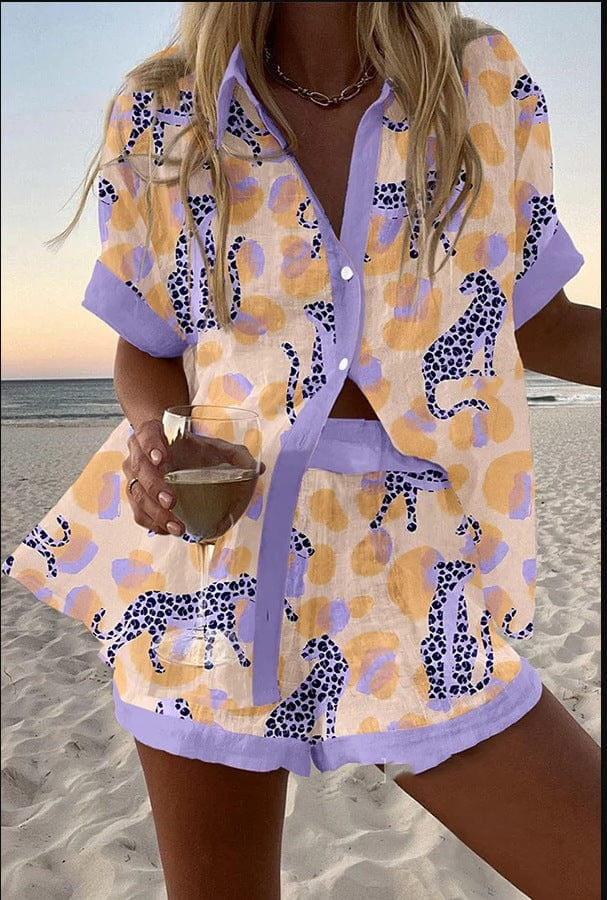 Alicia | Conjunto Camisa y Short Estampado Mujer Manga Corta Verano Playa