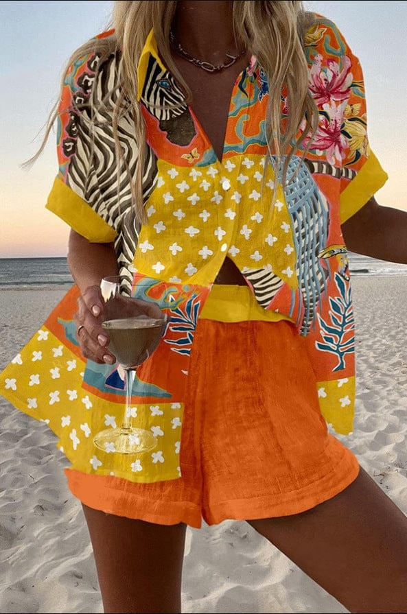 Alicia | Conjunto Camisa y Short Estampado Mujer Manga Corta Verano Playa
