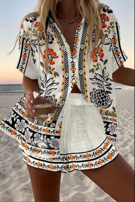 Alicia | Conjunto Camisa y Short Estampado Mujer Manga Corta Verano Playa