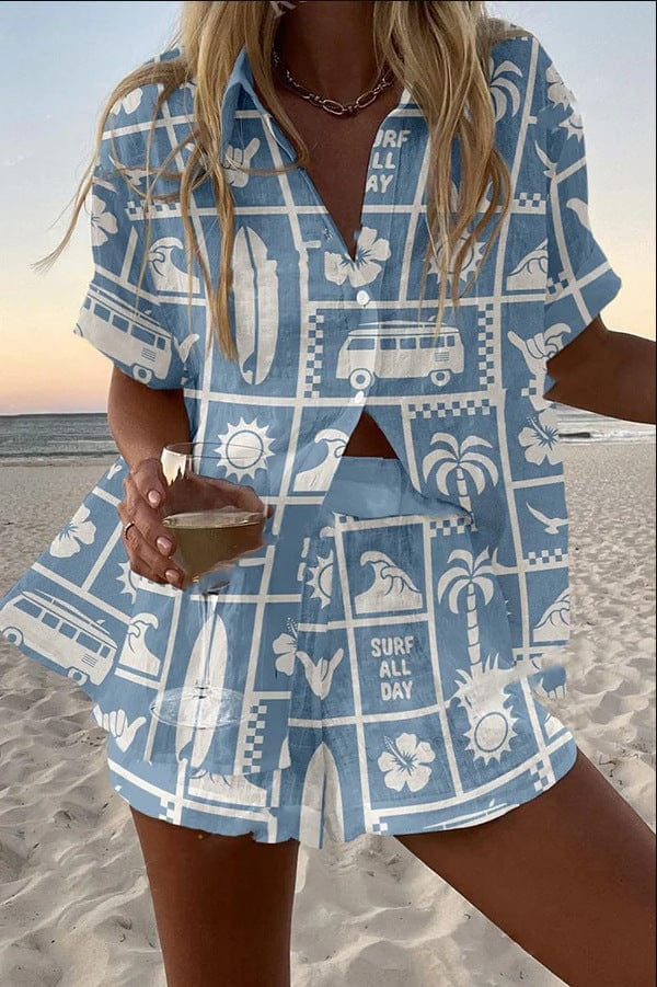Alicia | Conjunto Camisa y Short Estampado Mujer Manga Corta Verano Playa