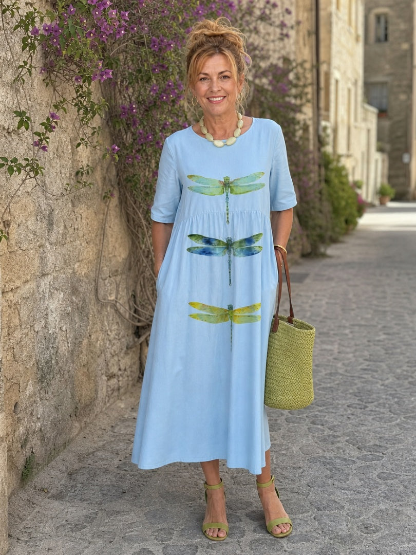 Alma | Vestido Midi Estampado Casual Mujer Manga Corta Bolsillos