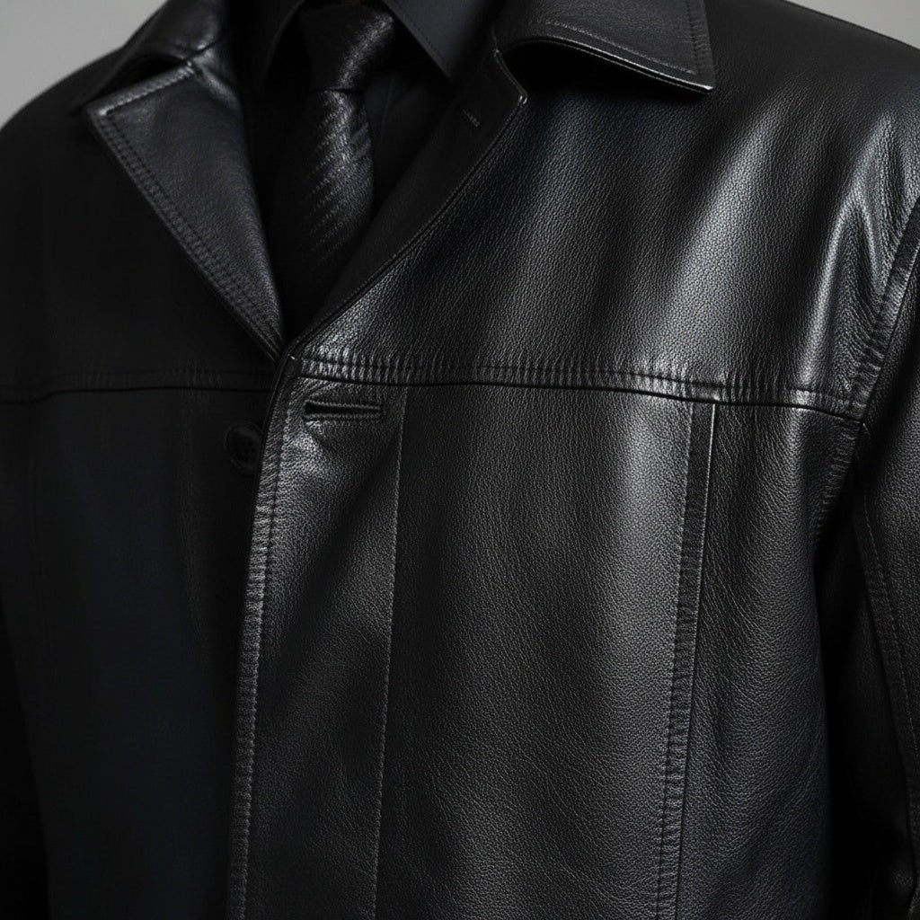 Asier | Chaqueta de Cuero Larga Hombre Cuello Solapa