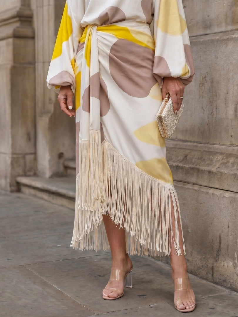 Beatriz | Vestido Midi Asimétrico de Un Hombro Mujer Flecos Manga Abullonada