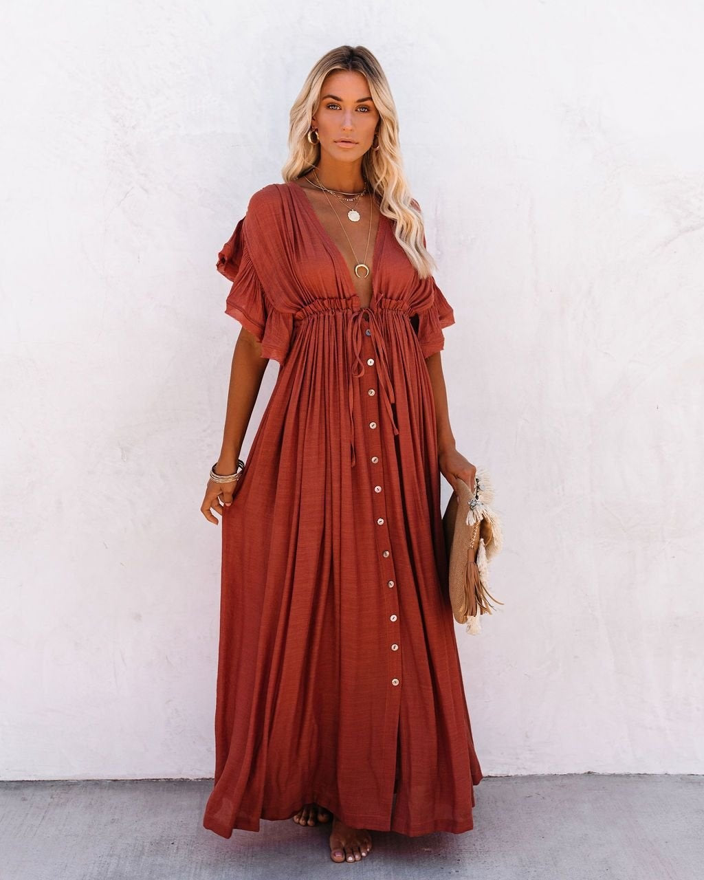 Berta | Vestido Largo Camisero con Botonera Mujer Escote V Manga Corta
