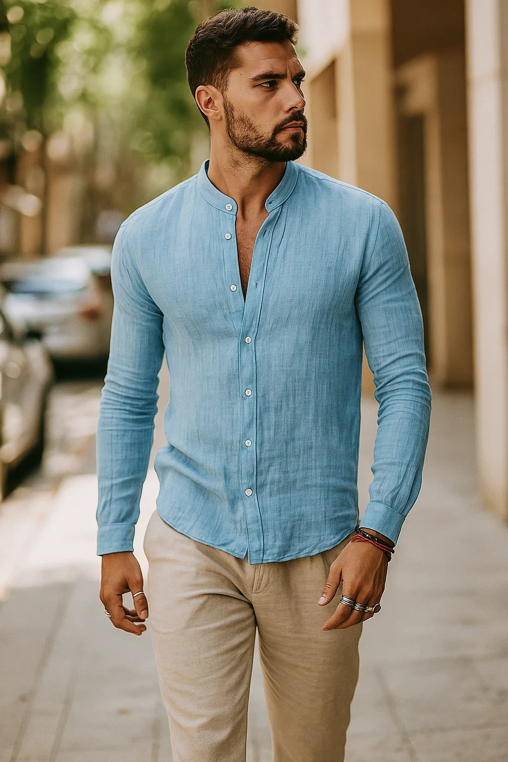 Gonzalo | Camisa de Lino de Manga Larga Hombre Cuello Mao