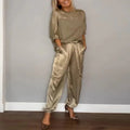 Carla | Two-Piece Satin Set with Adjustable-Waist Cargo Pants for Women