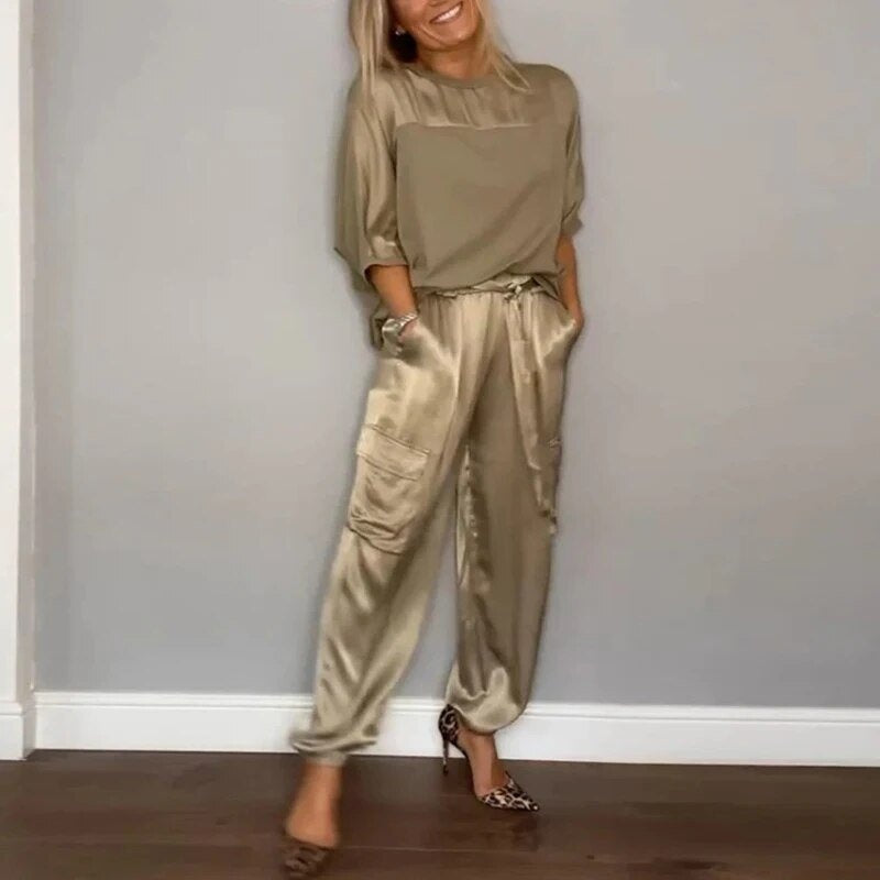 Carla | Two-Piece Satin Set with Adjustable-Waist Cargo Pants for Women