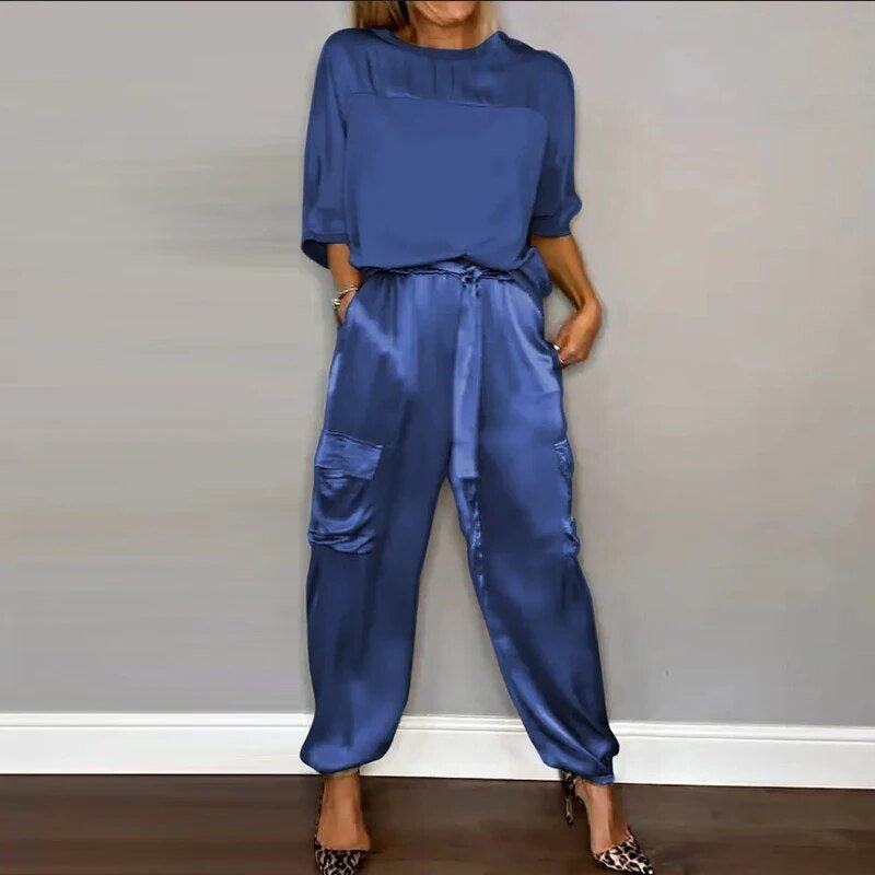 Carla | Two-Piece Satin Set with Adjustable-Waist Cargo Pants for Women