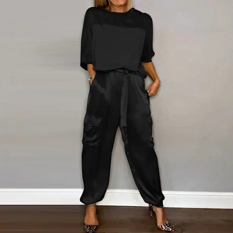 Carla | Two-Piece Satin Set with Adjustable-Waist Cargo Pants for Women