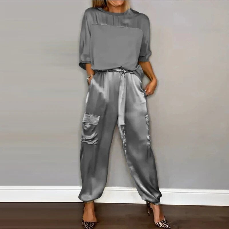 Carla | Two-Piece Satin Set with Adjustable-Waist Cargo Pants for Women