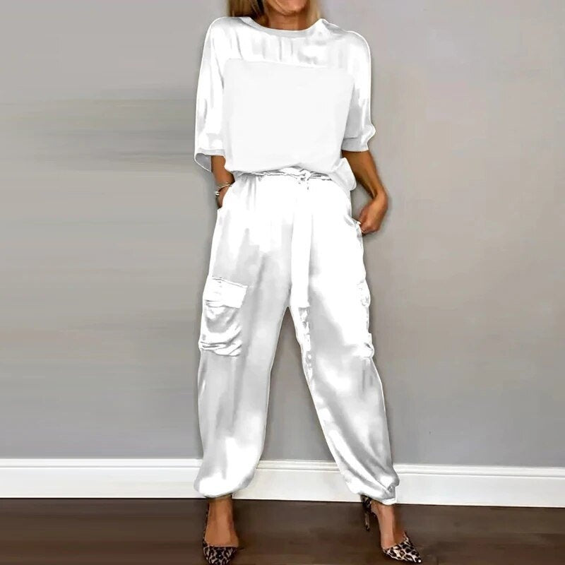 Carla | Two-Piece Satin Set with Adjustable-Waist Cargo Pants for Women