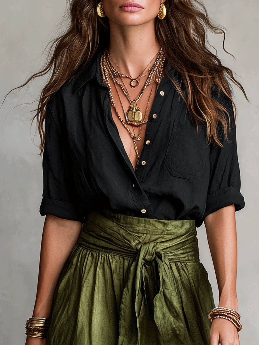 Catalina | Conjunto Elegante de Verano Camisa y Falda Midi Mujer Cinturón