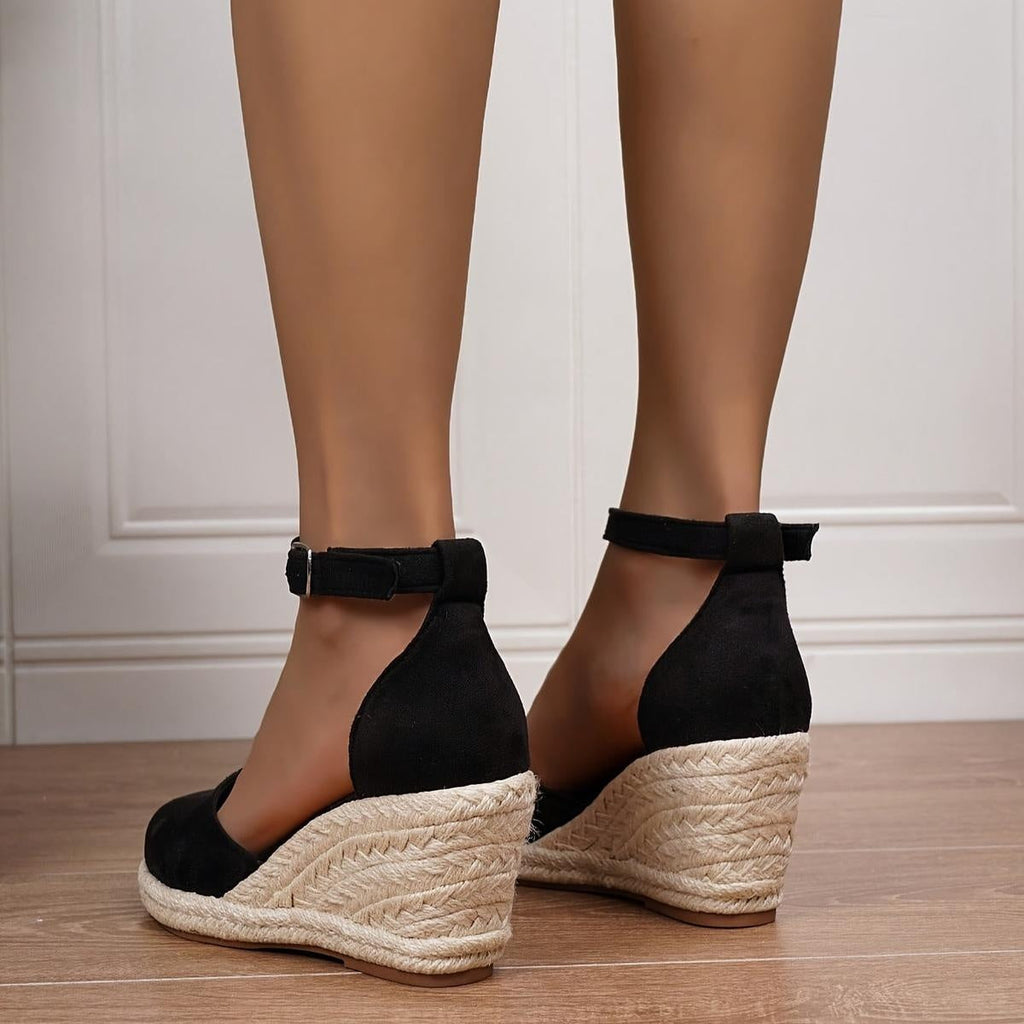 Concha | Sandalias de Cuña Plataforma Esparto Mujer Hebilla Tobillo