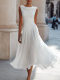 Aitana | Vestido de Boda de Día Midi Drapeado Mujer Falda Fluida Sin Mangas