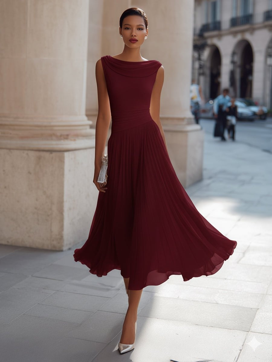 Aitana | Vestido de Boda de Día Midi Drapeado Mujer Falda Fluida Sin Mangas