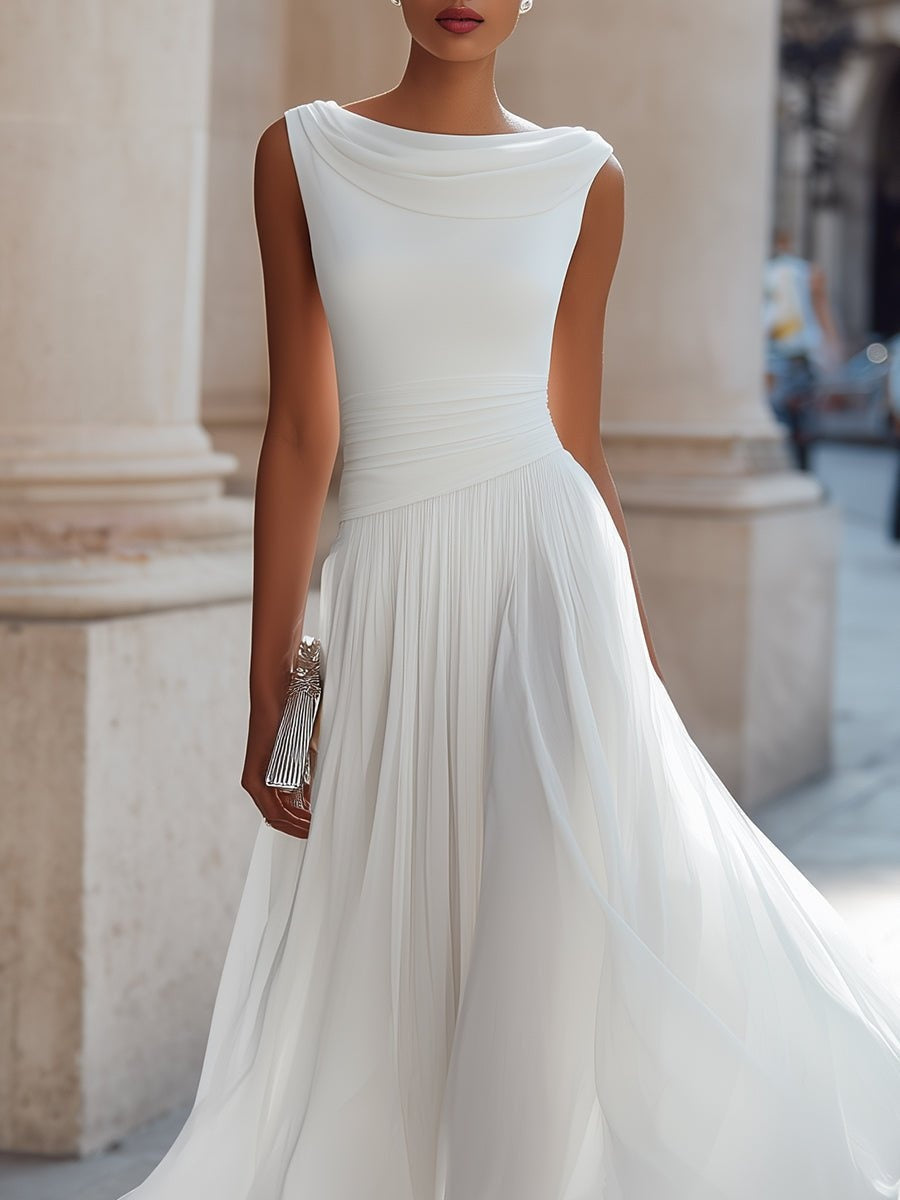 Aitana | Vestido de Boda de Día Midi Drapeado Mujer Falda Fluida Sin Mangas