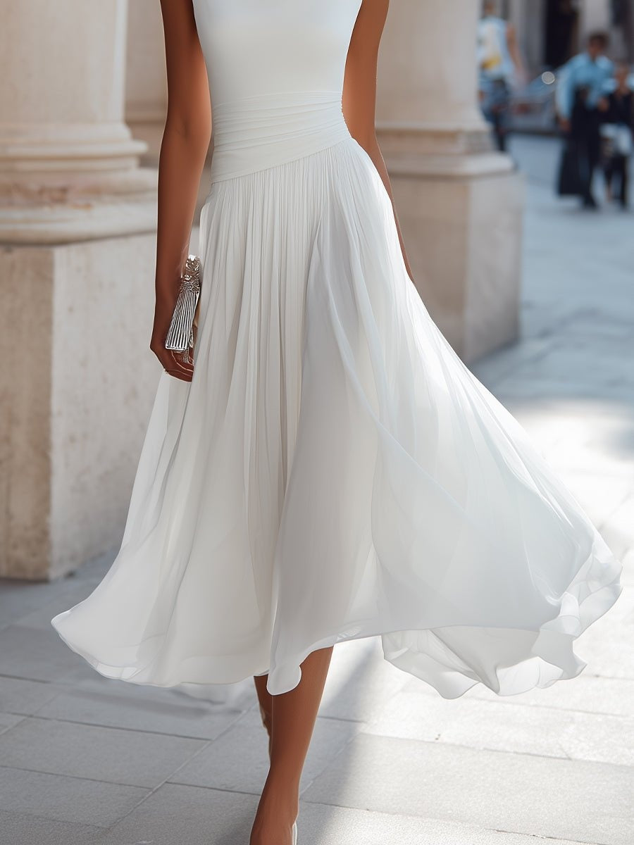 Aitana | Vestido de Boda de Día Midi Drapeado Mujer Falda Fluida Sin Mangas