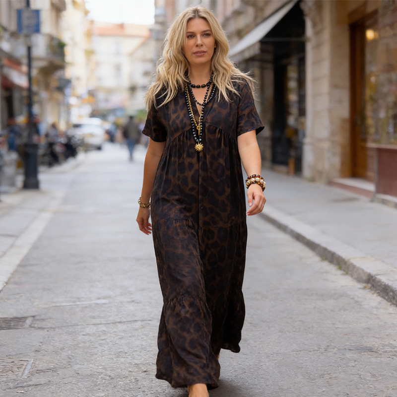 Cristina | Vestido Largo Estampado Animal Print Mujer Manga Corta Escote V