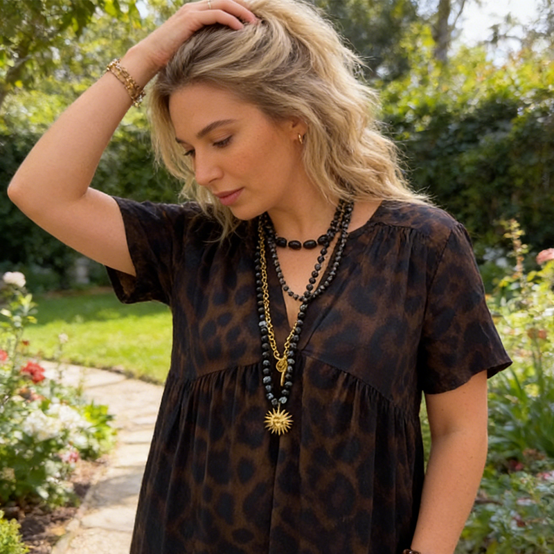 Cristina | Vestido Largo Estampado Animal Print Mujer Manga Corta Escote V