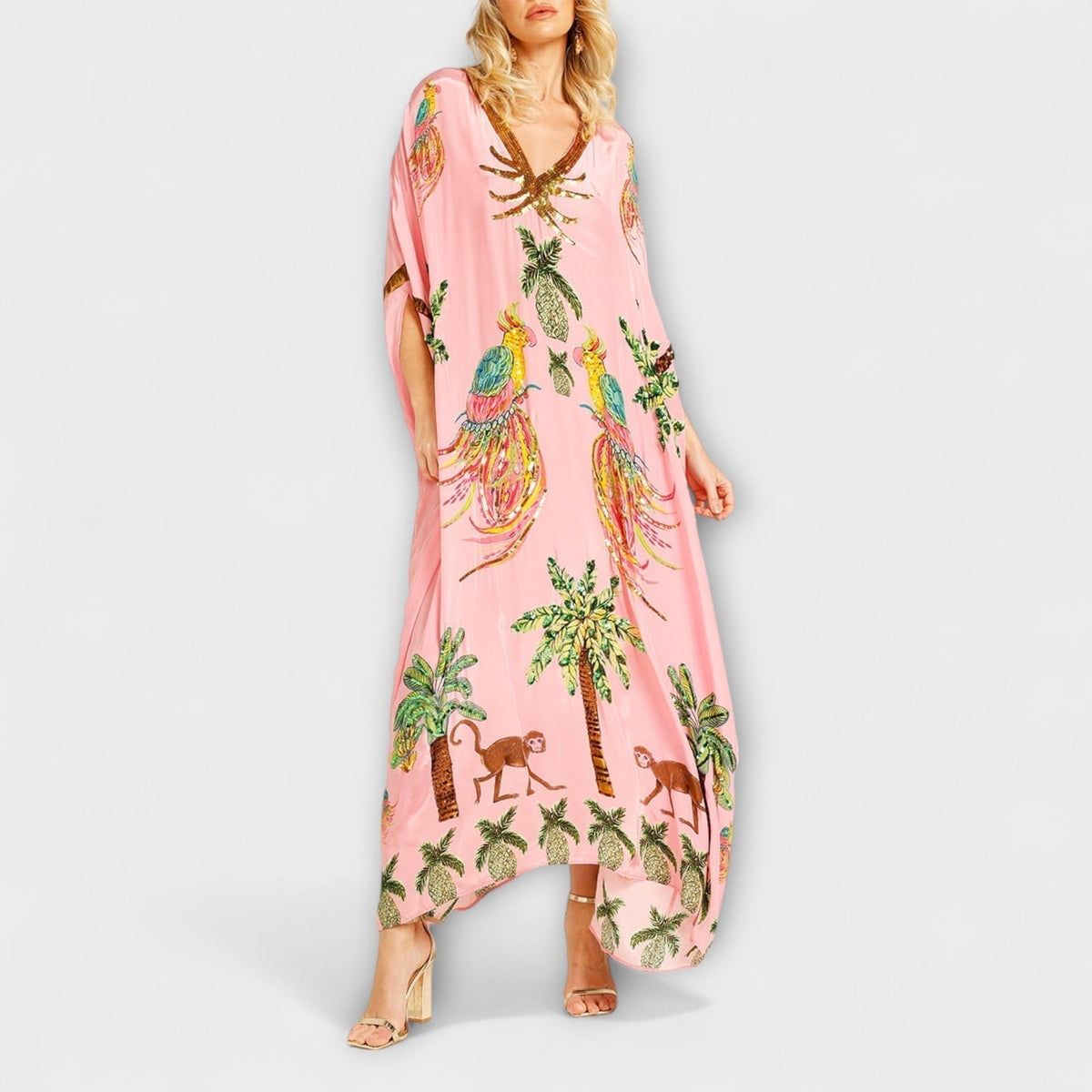 Delia | Vestido Kaftan Largo Estampado Tropical Mujer Lentejuelas