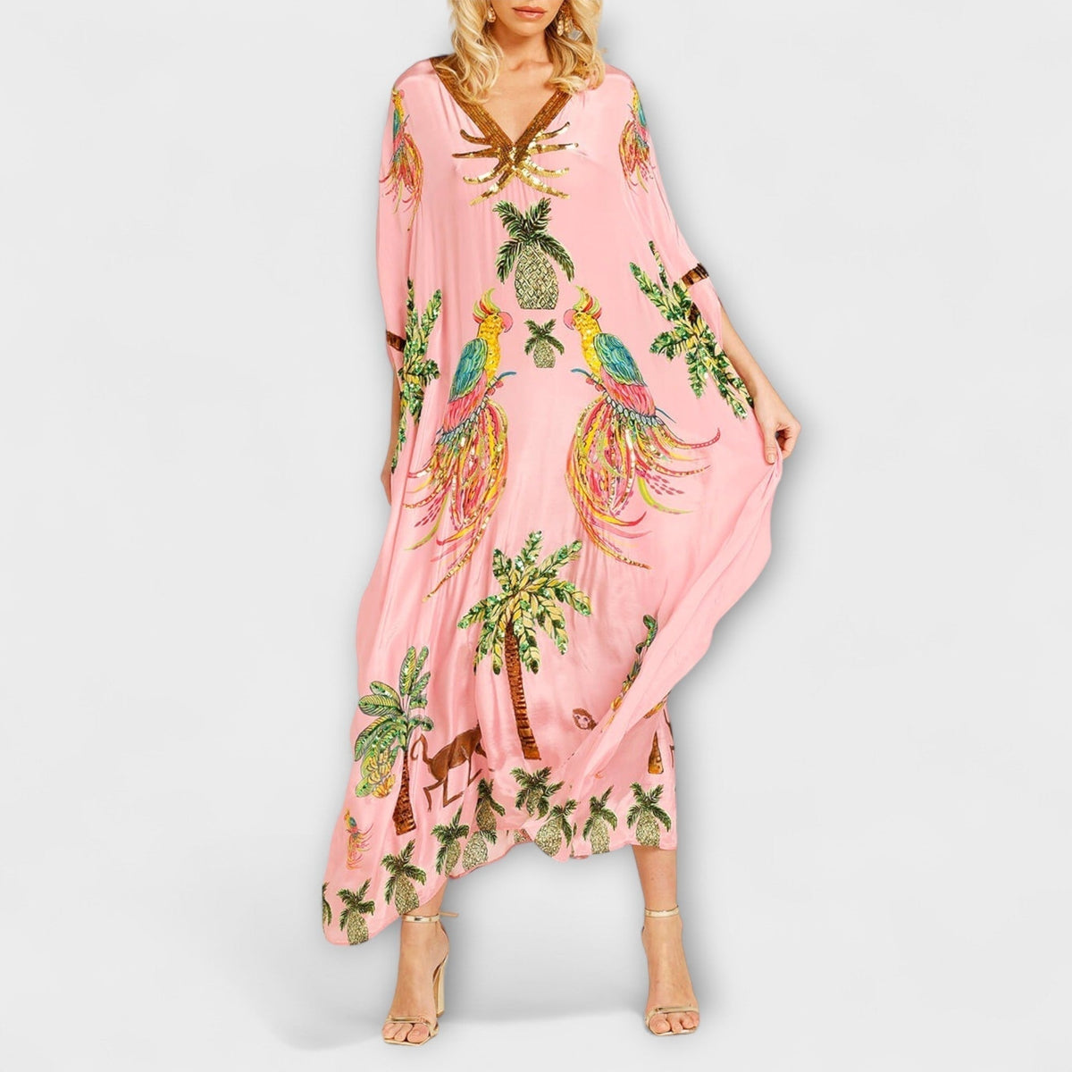 Delia | Vestido Kaftan Largo Estampado Tropical Mujer Lentejuelas