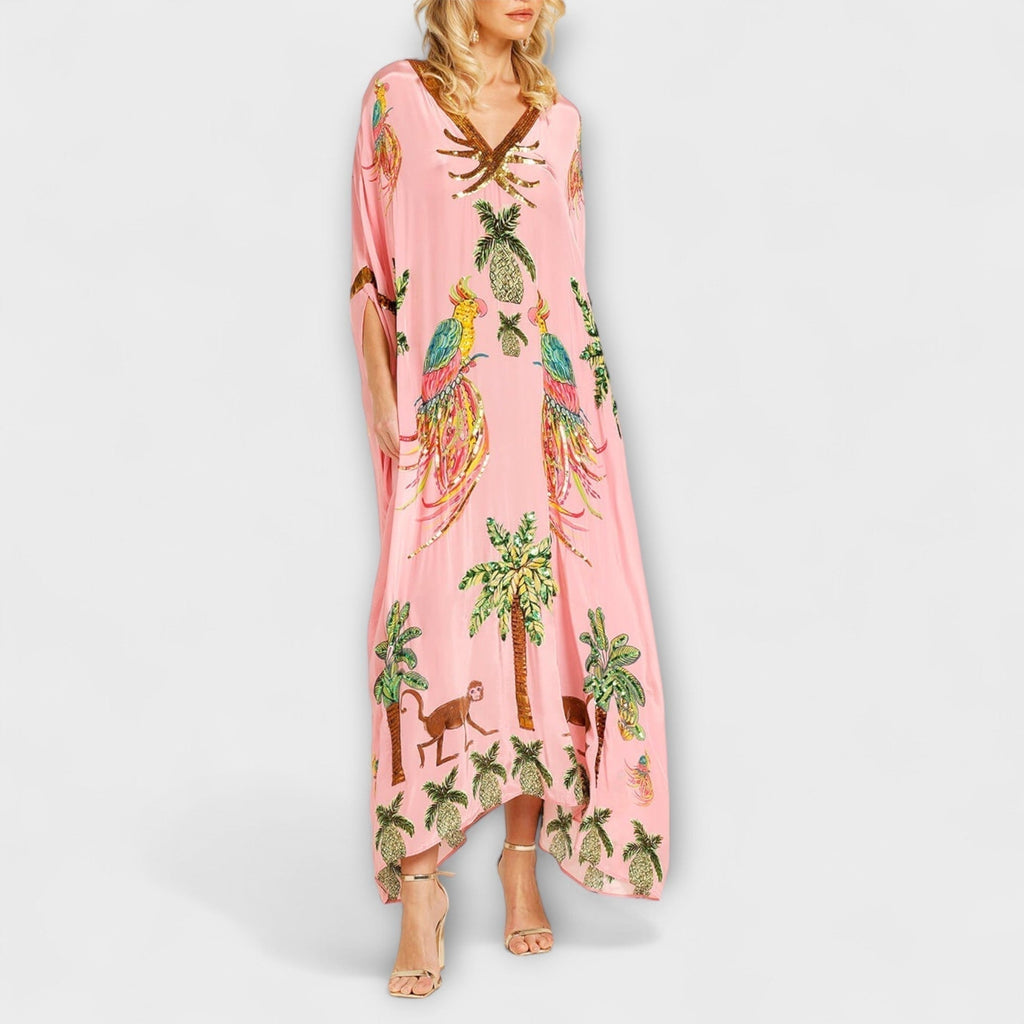 Delia | Vestido Kaftan Largo Estampado Tropical Mujer Lentejuelas