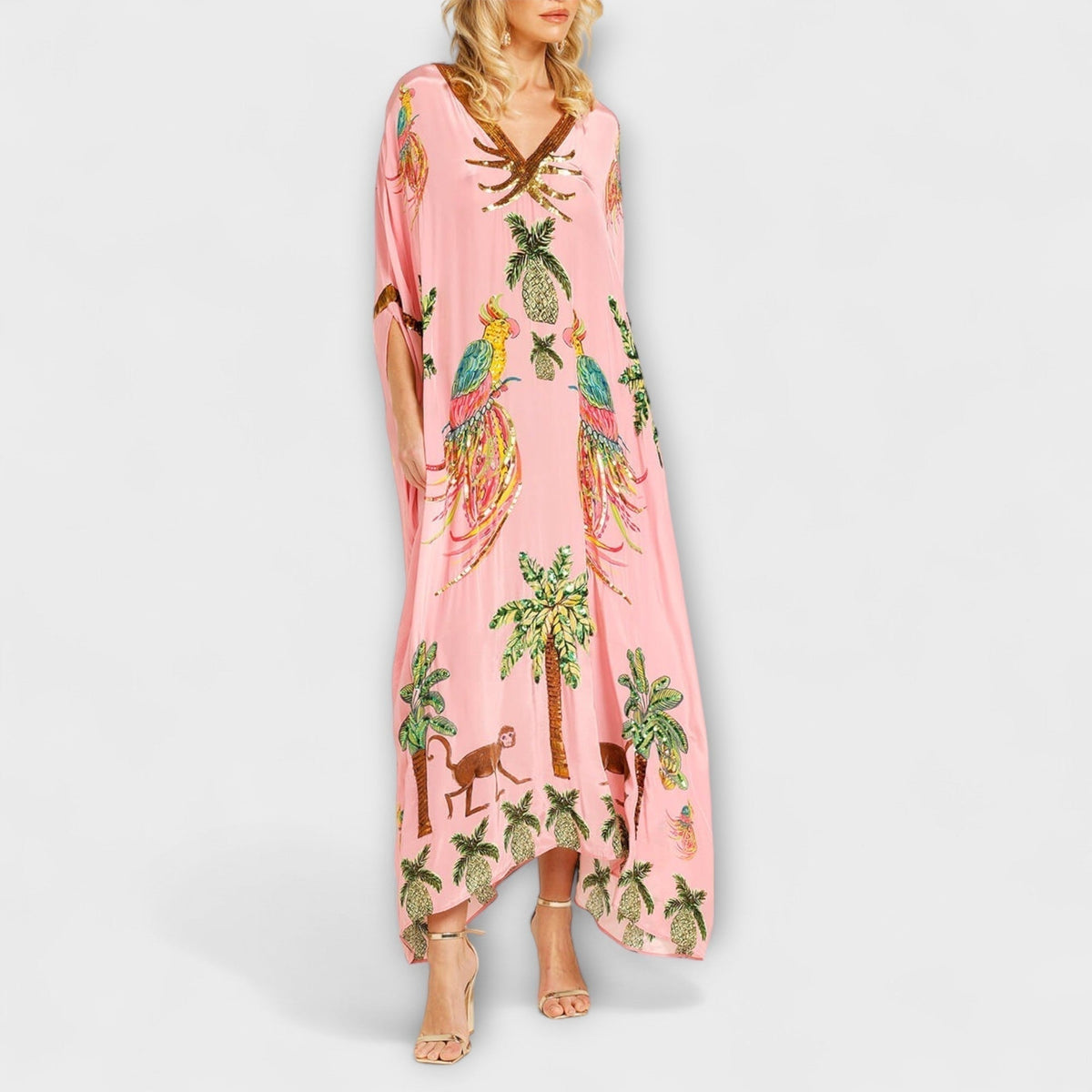 Delia | Vestido Kaftan Largo Estampado Tropical Mujer Lentejuelas