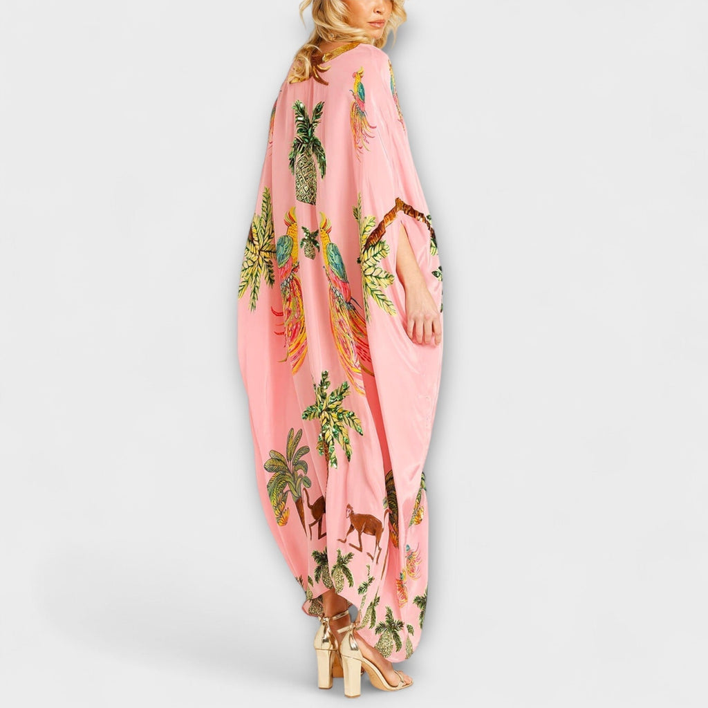 Delia | Vestido Kaftan Largo Estampado Tropical Mujer Lentejuelas