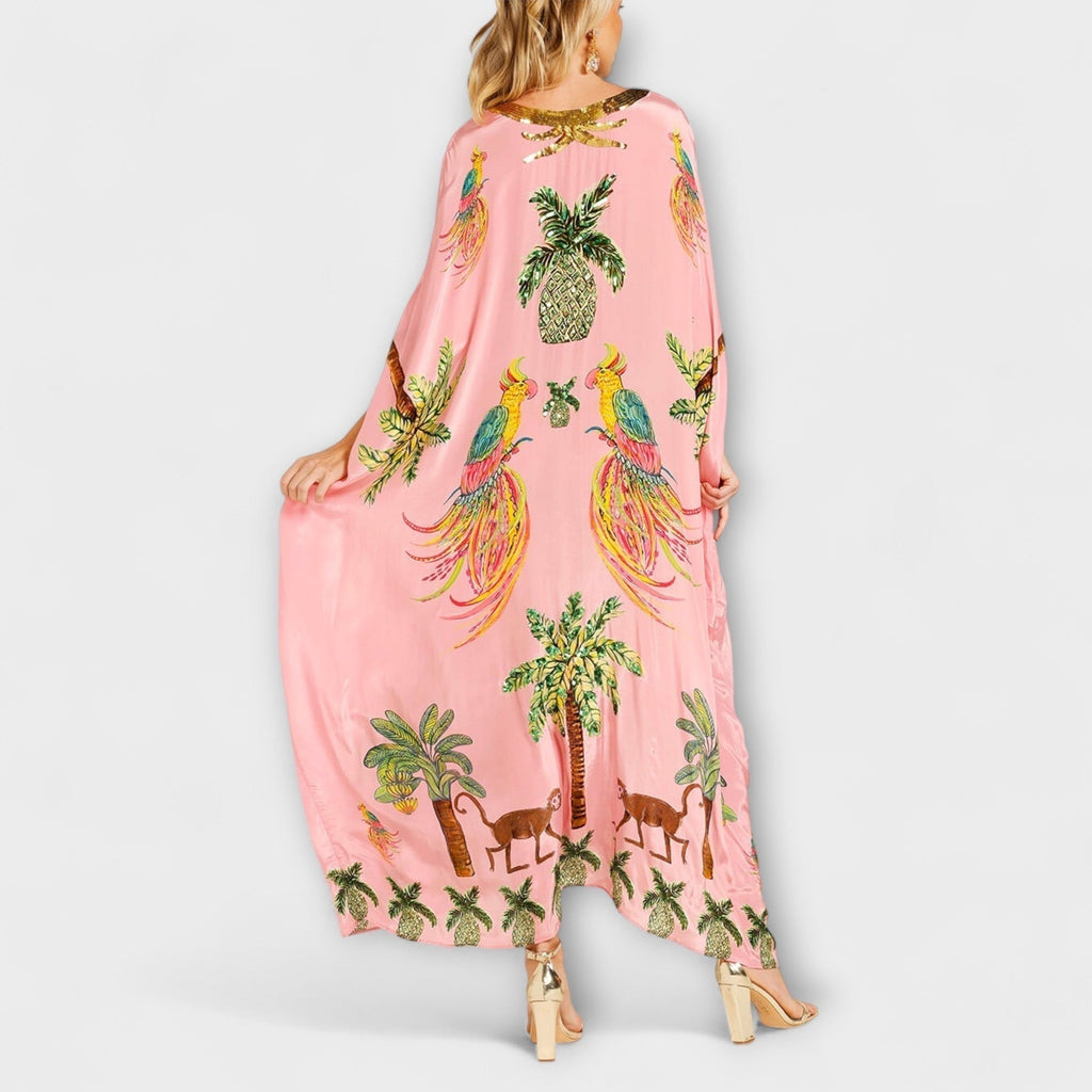 Delia | Vestido Kaftan Largo Estampado Tropical Mujer Lentejuelas
