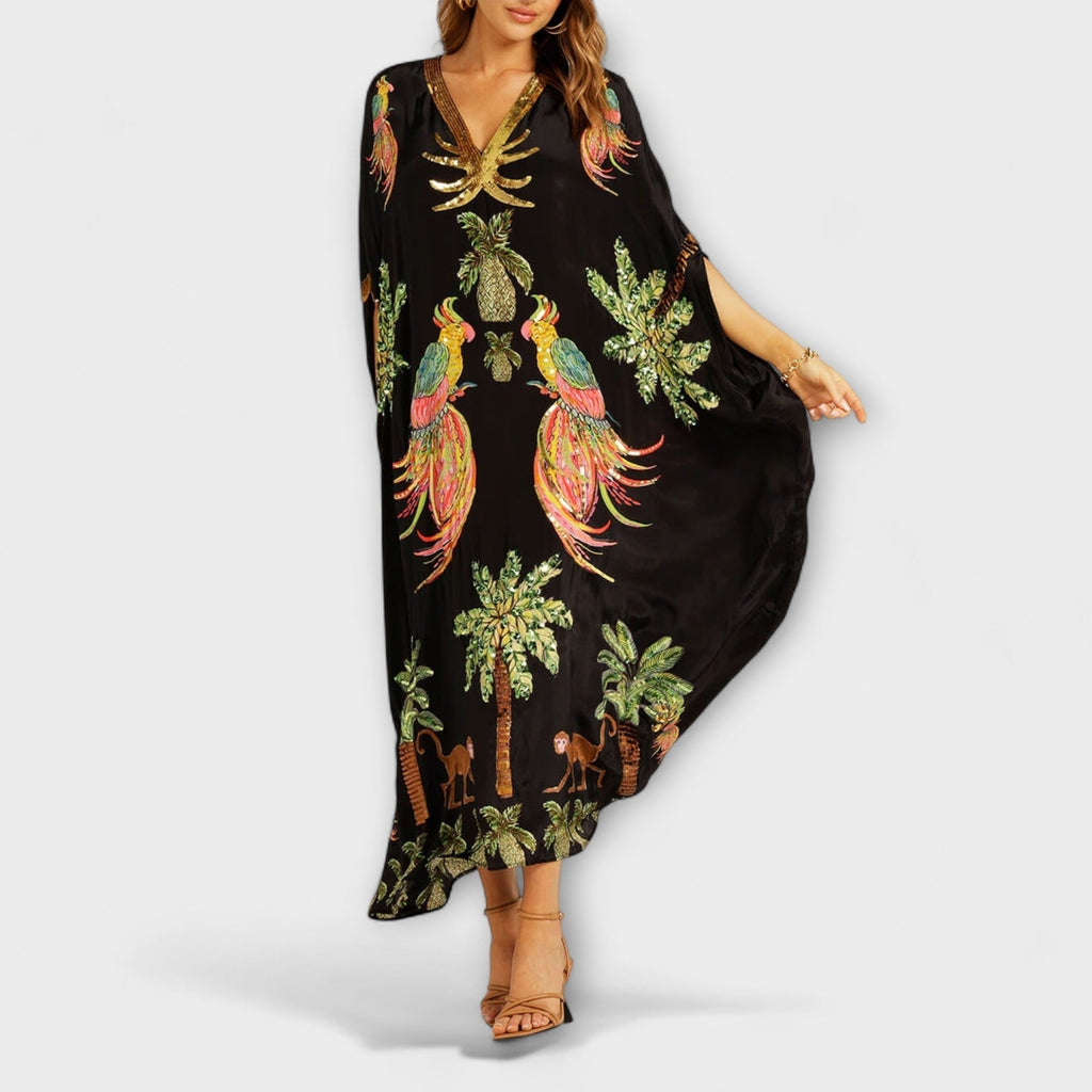Delia | Vestido Kaftan Largo Estampado Tropical Mujer Lentejuelas
