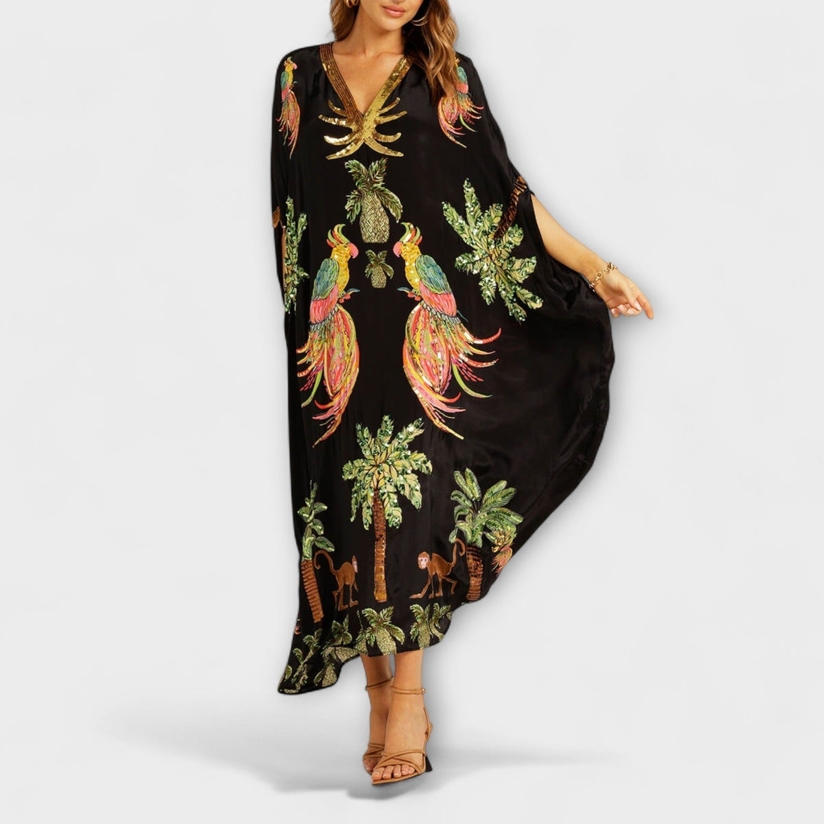 Delia | Vestido Kaftan Largo Estampado Tropical Mujer Lentejuelas