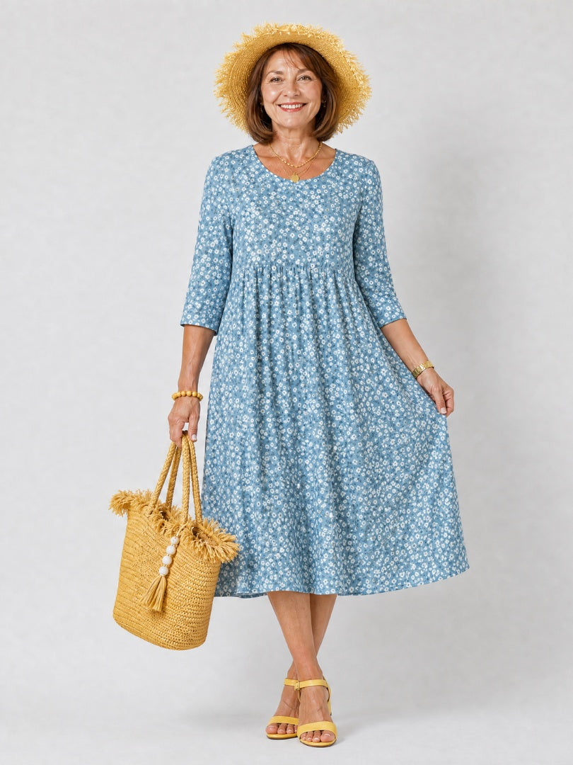Delia | Vestido Midi Floral Mujer Manga Tres Cuartos Cintura Fruncida