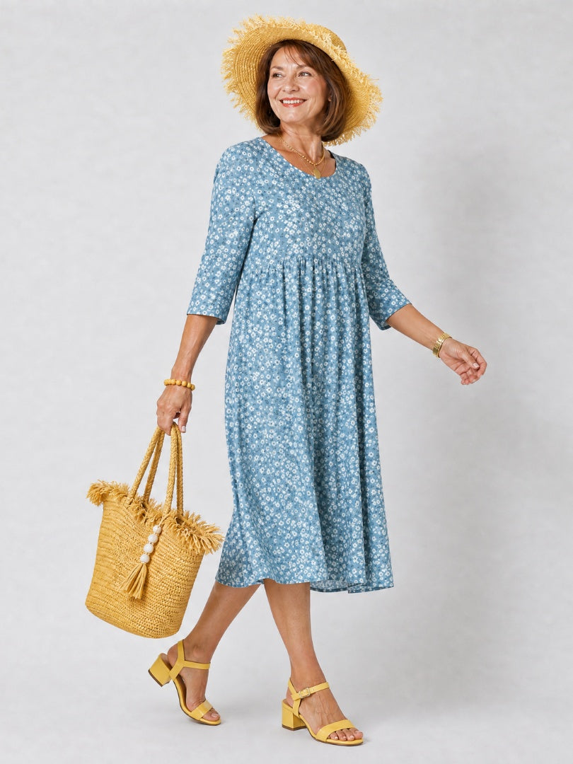 Delia | Vestido Midi Floral Mujer Manga Tres Cuartos Cintura Fruncida