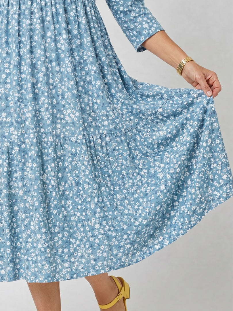 Delia | Vestido Midi Floral Mujer Manga Tres Cuartos Cintura Fruncida