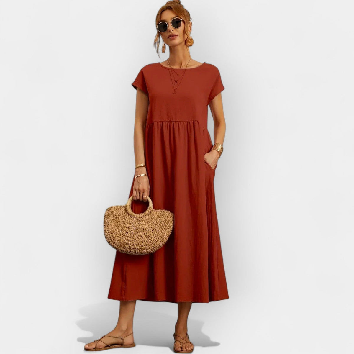 Dolores | Vestido Midi Casual con Bolsillos Mujer Manga Corta