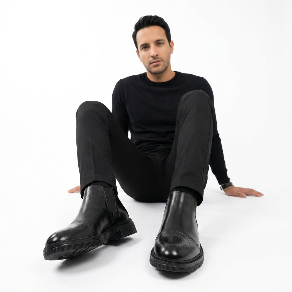 Ernesto | Mocasines Negros de Cuero Brogue Hombre Slip-On Suela Gruesa