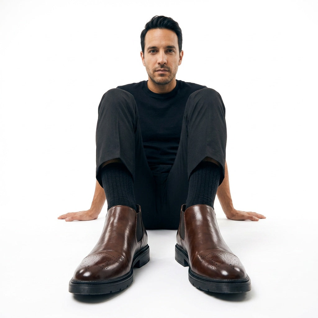 Ernesto | Mocasines Negros de Cuero Brogue Hombre Slip-On Suela Gruesa