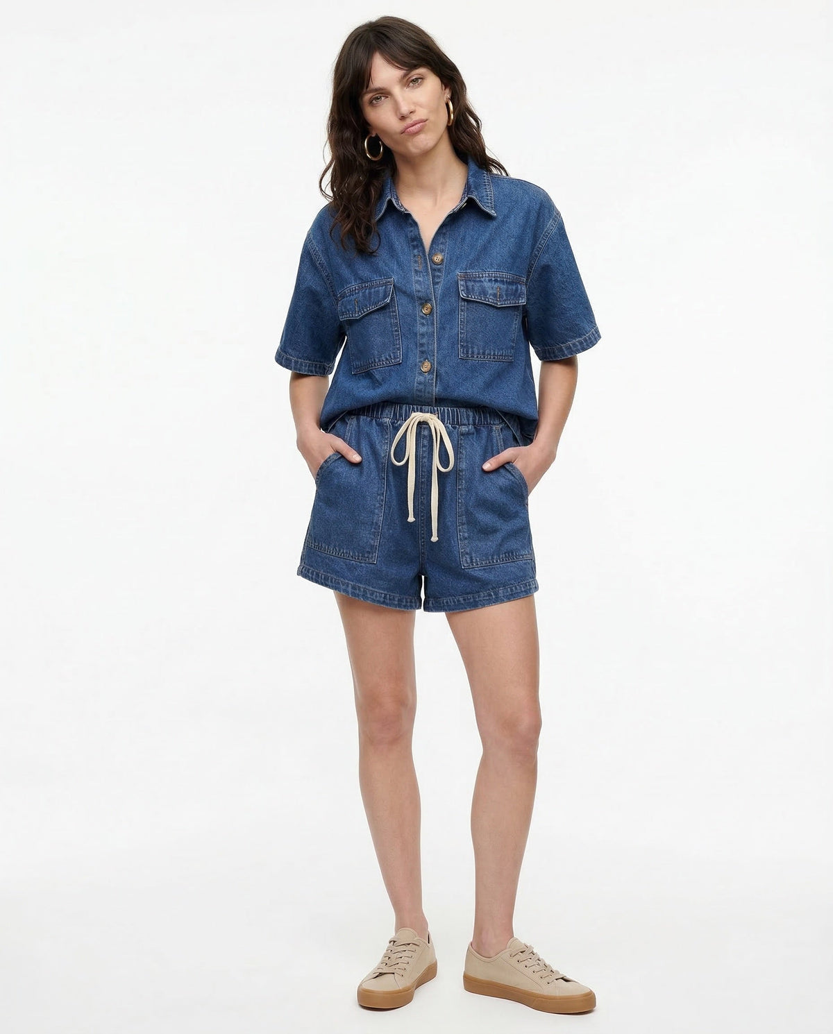 Esther | Conjunto de Denim Dos Piezas Mujer Camisa Manga Corta Shorts