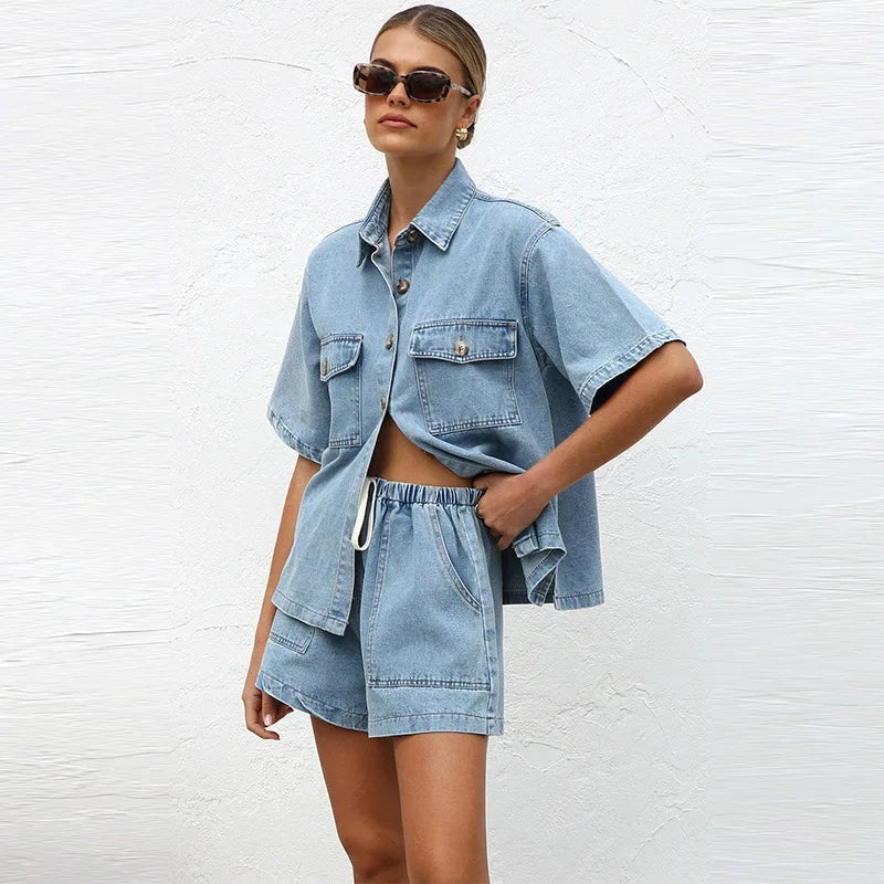 Esther | Conjunto de Denim Dos Piezas Mujer Camisa Manga Corta Shorts