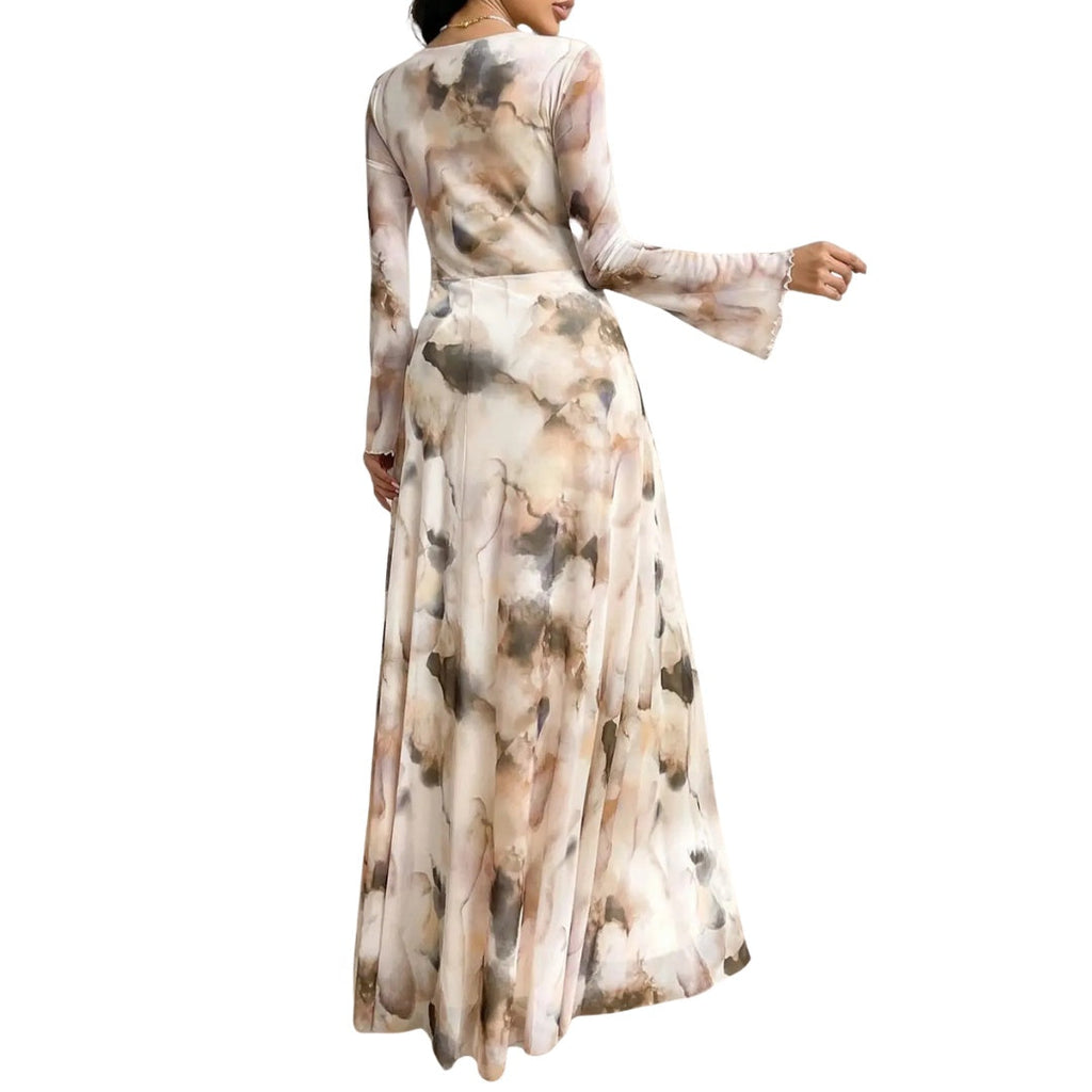 Gema | Vestido Largo Elegante Estampado Mujer Manga Larga Cuello Redondo