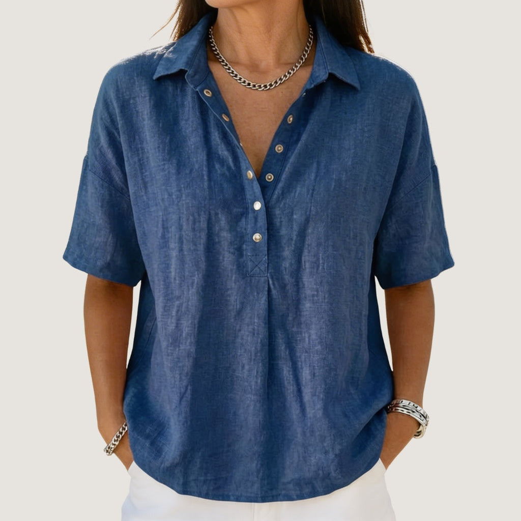 Inés | Blusa de Lino Manga Corta Mujer Cuello Polo Botones